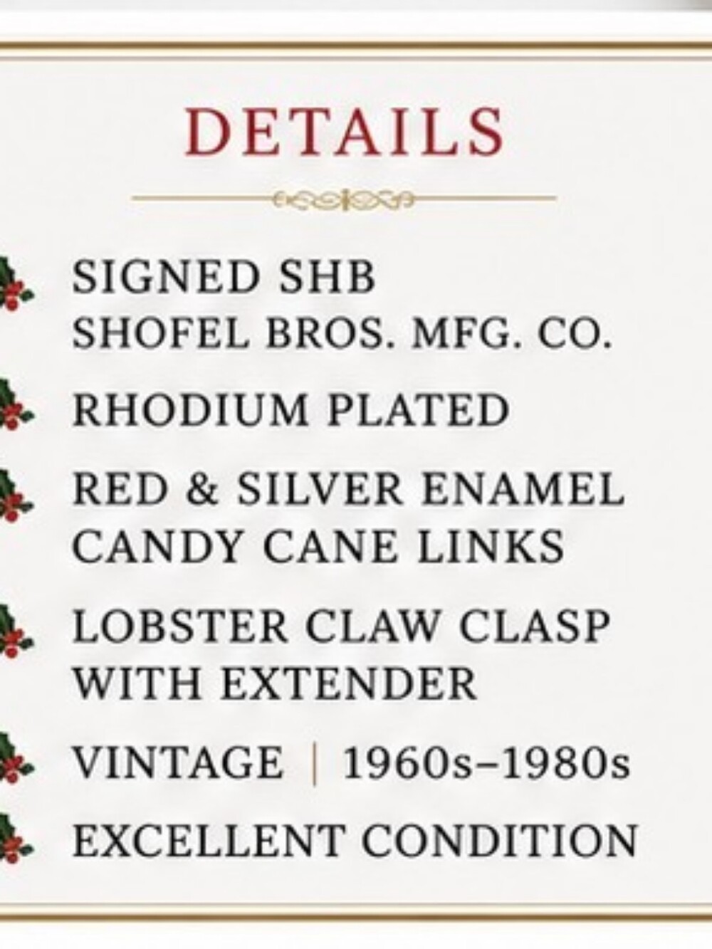 Signed Vintage SHB (Shofel Bros. Mfg. Co.) Candy Cane Bracelet! - Picture 4 of 11